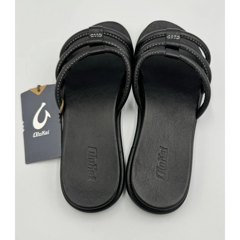 Olukai Women's Tiare Slide,Sandal Slipper Black Leather , Size 8 - Picture 3 of 6